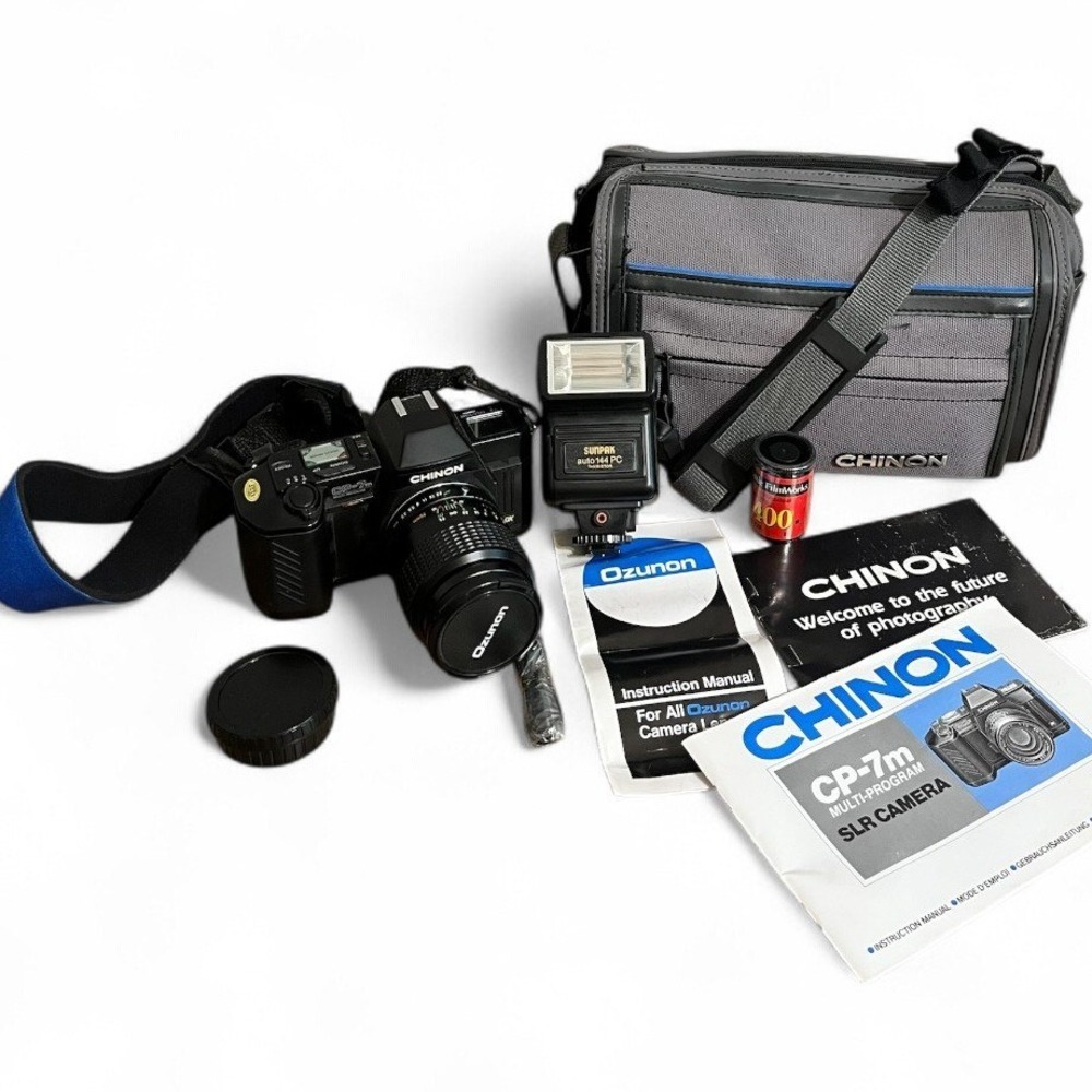 Chinon CP-7m Multi Program SLR Camera with Ozunon Lens, Flash,‎ Bag, Manual